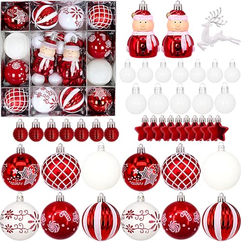 Weihnachtskugeln Rot Weiß, 44er Set Christbaumkugeln Kunststoff Weihnachtsdeko, Christbaumschmuck mit Aufhängen & Schlüsselband, Weihnachts Deko Außen Innen