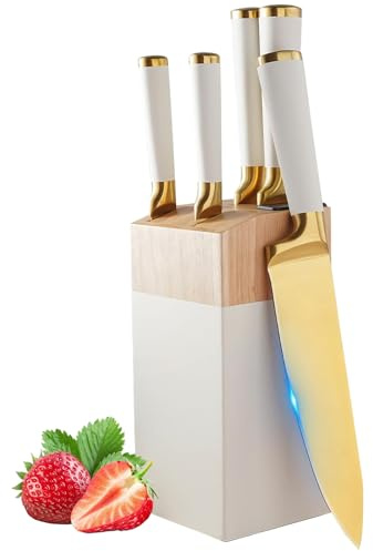 White Kitchen Knife Set, 6-Piece Sharp Kitchen Knives Set Block and Sharpener, Gold-Plated Stainless Steel Chef Knife for Chopping, Slicing, Dicing Cutting (White)