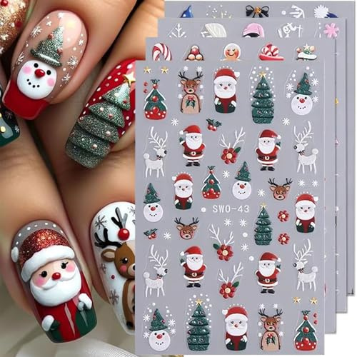 Muorruo 4 Stück Weihnachts-Nagelaufkleber für Nagelkunst, Weihnachtsmann-Baum, Weihnachts-Nagelkunst-Aufkleber, 5D-geprägte Schneeflocke, Lebkuchenmann, Kuchen, Weihnachts-Nagelaufkleber