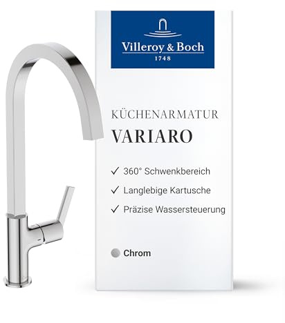 Villeroy & Boch Variaro Robinetterie de cuisine, robinetterie cuisine haute pression, hauteur de bec 306 mm, bec pivotable à 360°, robinet évier, économe en eau avec 8,3 l/min, montage rapide – Chrome