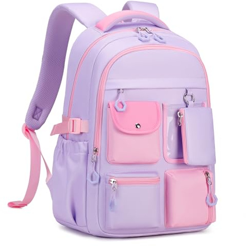 Tanou skolväska flicka ryggsäck skola, stor skolryggsäck tonåring flicka av Oxford-tyg, avslappnad skolväska för grundskola gymnasium med flera fack, lila rosa, 18 cm x 30 cm x 46.5 cm, Avslappnad