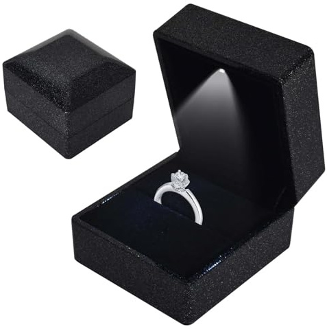 Scatola per anelli con Luce a LED, Scatola Regalo Di Fascia Alta In Velluto, Scatola per Anelli di Matrimonio con Luce LED per Proposta Matrimonio Anniversario Degli Amanti, 5.8*6.3*5cm, NeroStellato