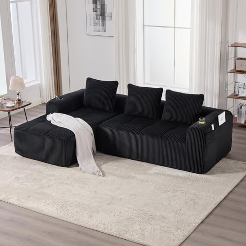 FammyLoft Vollkomprimiertes Ecksofa, Sofa L Form mit Seitentaschen, Modulares Sofa mit Schlaffunktion, Cloud Couch Ohne Montage, Schlafcouch, für Wohnzimmer/Schlafzimmer, Corduroy, 253cm, Schwarz