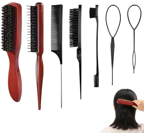AUGTYRLV Set Spazzola Setole di Cinghiale 7 Pezzi Spazzola Capelli e Barba con Pettini Styling Capelli Massaggio Cuoio Capelluto Strumenti per Acconciatura Uomo Donna