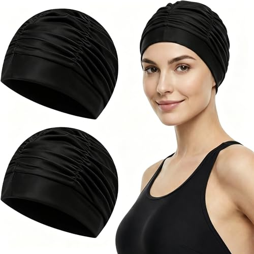 2 Pack Black Swim Cap for Women with Long Hair – Stretchable Breathable Polyester Swimming Cap, Comfortable for Sensitive Scalp and Hair Care, Non-Waterproof Swim Hat
