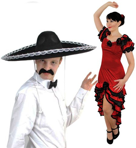 ILOVEFANCYDRESS COUPLES SPANISH MARIARCHI & SALSA DANCER FANCY DRESS COSTUMES - LADIES RED RUFFLE RUMBA DRESS + ROSE HAIRPIECE | MENS LARGE BLACK SOMBRERO + BOWTIE + MOUSTACHE MEXICAN (LADIES MEDIUM)