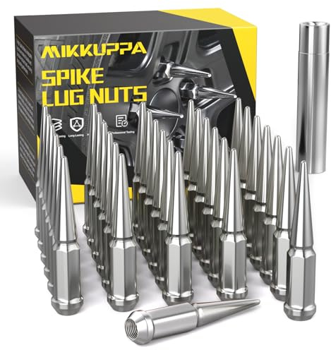 MIKKUPPA M14x1.5 32PCS Spike Lug Nuts, Replacement for Chevy Silverado Suburban GMC Sierra Yukon Ford F250 F350 RAM 2500 3500 Aftermarket Wheel, Chrome 4.4 Tall Acorn Tire Nuts with Socket Key
