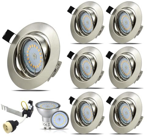 HiBay 6X Round GU10 Downlights Tilt LED Recessed Ceiling Lights Brushed Chrome Spotlights Fitting with 5W LED Bulbs Cool White 240V