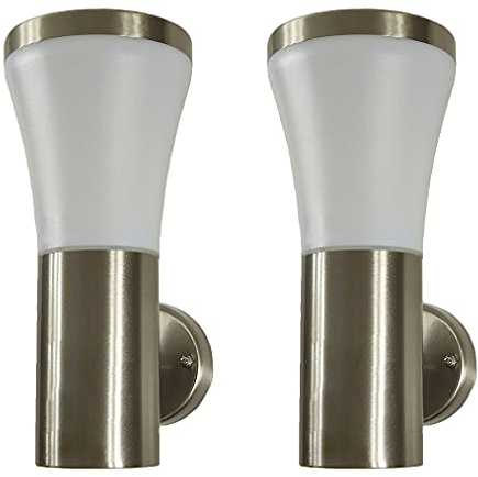 Dapo 2x Hochwertige Edelstahl-Außen-Wand-Leuchte-Lampe SIEGEN, Kunststoff-Schirm weiß, E27 max. 40W, H: 24cm, D: 7,5-12cm IP44 (Ohne Sensor -2er Set)