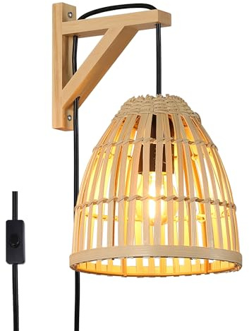 Applique Murale Rotin Bois Moderne Brancher – Panier en Bambou Abat jour Lustre Suspension Suspendu Luminaire avec Interrupteur, Intérieur Murale Lampe Osier pour îlot de Cuisine Salon Chambre Enfant