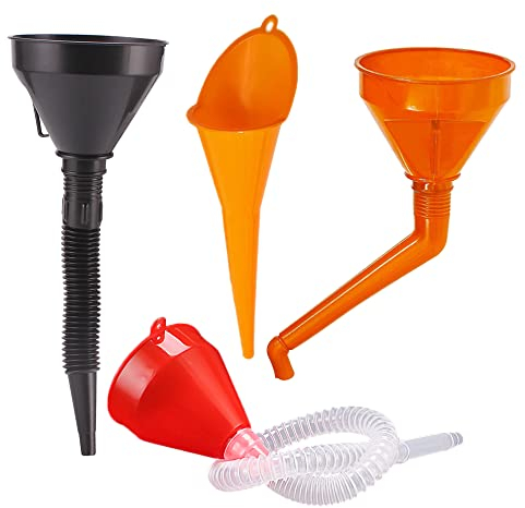 Zasvec Einfülltrichter Set 4 Stück Trichter mit Schlauch Trichter Benzin Trichter Set Universal Plastik Öltrichter Auto mit Abnehmbarem Schlauch und Sieb Rot/Orange/Schwarz für Auto Motorrad