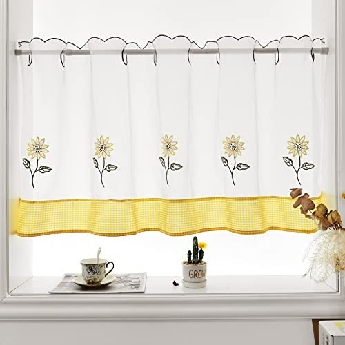 Voile Scheibengardine Küchengardine mit Ösen, Landhausstil Spitze Vintage Bistrogardine Gardine, 45cm Hoch Blumen Stickerei Kurze für Kleinen Fenstern wie Schlafzimmer, Badezimmer, HxB 45x150cm