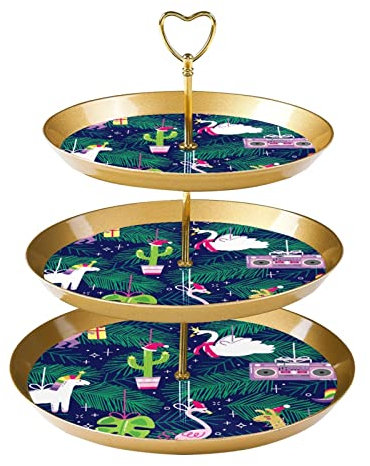 JAVENPROEQT 3-Tier Cupcake Stand Cake Holder, Christmas Flamingo Unicorn Pine Tree Leaves Reusable Serving Tray Pastry Display Tower for Birthday Baby Shower Tea Party