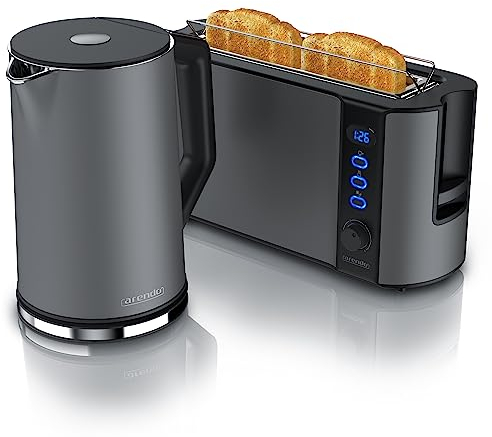 Arendo - Wasserkocher mit Toaster SET Edelstahl Cool Grey, Wasserkocher 1,5L 40°-100°C Warmhaltefunktion Toaster 2 Scheiben LED-Display 6 Bräunungsgrade Brötchaufsatz