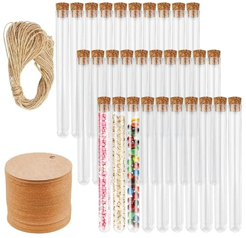 Firschoie 30 stycken provrör, 15 x 150 mm provrör med korkplast, transparent provrör med 30 stycken kraftpappershängare och 20 m hamparep, för laboratorier, godis, blommor