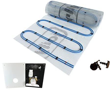Dünnbett Warmwasser Fußbodenheizung HoWaTech Duo Komplett Set 2,5-20m² Doppelrohr Heizmatte 80 W/m² und TH-RTL Regelbox, Heizfläche:5.00m²
