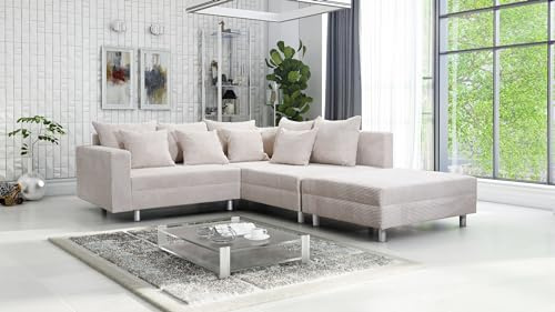 Wohnlandschaft Sofa Couch Ecksofa Eckcouch Cordstoff beige + Hocker Minsk R
