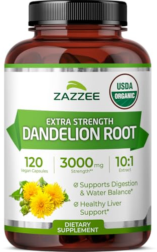 Zazzee USDA Organic Dandelion Root 10:1 Extract, 120 Capsules, 4 Month Supply, Liver & Detox Support, Taraxacum Officinale, Organic Herbal Supplement, All-Natural, Non-GMO, Made in the USA