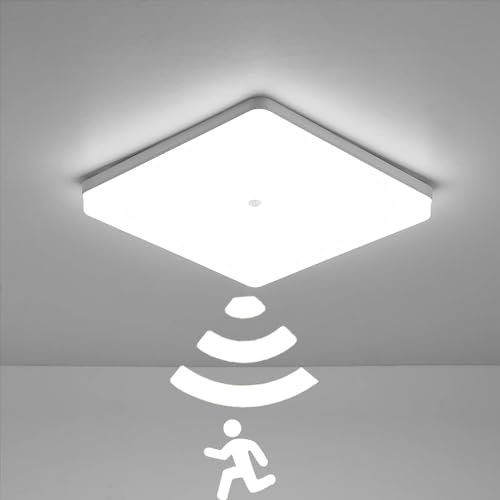 Chao Zan LED Deckenlampe mit Bewegungsmelder, Deckenleuchte 20w Kaltweiß 6000k rund, Sensor Wandlampe LED für flur Garage Treppenhaus Balkon Küche Badezimmer Keller Abstellraum Carport, Quadrat