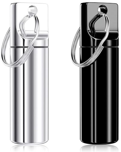Small Portable Pill Box Keychain (2 Pack), Aluminium Alloy Mini Pill Organizer Case Container for Purse,Waterproof Metal Pill Holder Medicine Bottle for Outdoor Camping Travel(Black+Silver)