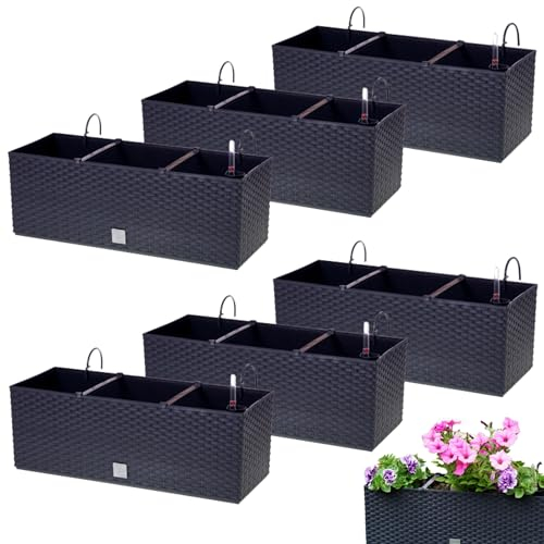 Blumenkasten Balkon Set 6 X 51x19x18,5 cm | Balkonkasten in Rattanoptik | Pflanzkasten mit Griff, Halterungen und Bewässerungssystem | Blumentöpfe für Terrasse | Pflanzkübel in edlem Design |Anthrazit