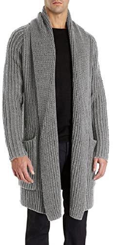 Runcati Mens Knitted Cardigan Long Shawl Collar Sweater Autumn Winter Chunky Knit Jacket Open Front Knitwear