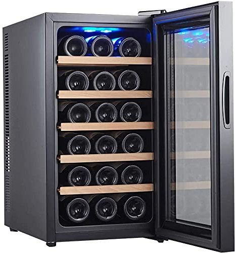MOLVUS Cave à vin de comptoir pour 18 Bouteilles, Petit réfrigérateur à vin Autonome à humidité constante, Affichage numérique de la température, Porte en Verre, étagères en Bois de hêtre Noir