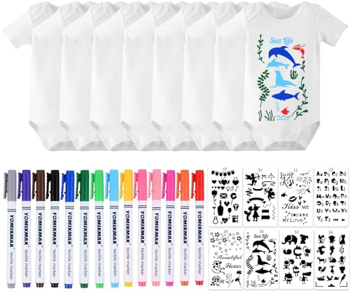 LOEPENLE - Juego de bodies para bebé, manga corta, pintura textile, 8 bodies + 14 bolígrafos de colores + 8 plantillas para fiesta baby shower