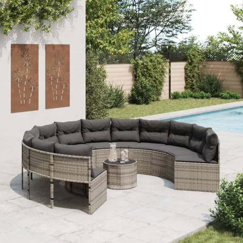 LAPOOH Gartensofa mit Tisch und Kissen Rund Grau Poly Rattan, Gartenlounge, Garden Sofa, Balkonmöbel, Gartenmöbel, Loungemöbel - 3318545