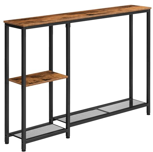 HOOBRO Mesa de Consola Estrecha, Mesa de Pasillo con Estante, Aparador, Estantería de Estilo Industrial con Marco Metálico, Entrada, Vestíbulo, detrás del Sofá, Marrón Rústico y Negro EBF86XG01