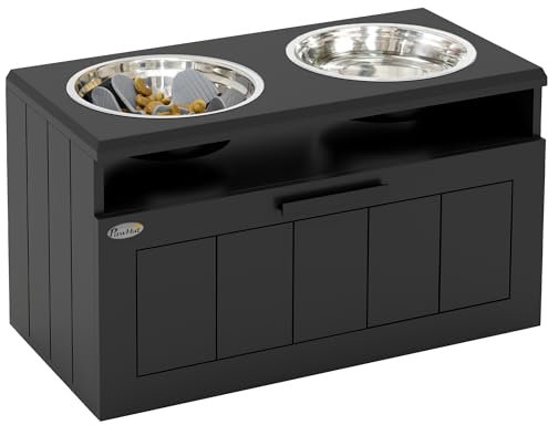 PawHut Raised Dog Bowl, Elevated Pet Bowls with Slow Feeder, Two Stainless Steel Bowls, Drawer, for Large & Extra Large Dogs, Black