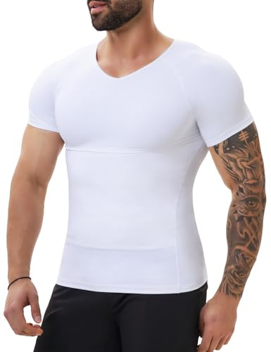 MISS MOLY Compression Shirts For Men Tummy Control Gynomastica Slimming Undershirt V Neck Short Sleeve Shapewear White L