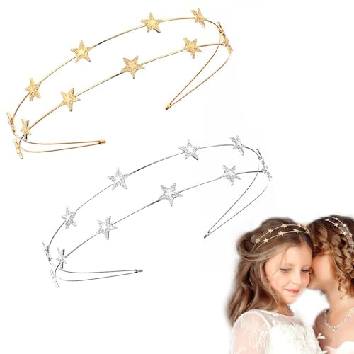 Haarreif mit 2 Sternen in Form eines Sterns, mit Strass, Kristall, Haarreif, goldfarben, silberfarben, Haarschmuck für Damen, Party, Mädchen, Braut, Brautjungfern AOOTUERL