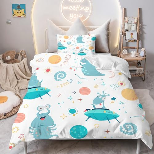 PNHCL Dinosaurier Kinderbettwäsche 100 x 135, Anime-Muster Bettwäsche-Sets Karikatur Mikrofaser Bettbezug 100 X 135 mit Reißverschluss + Kissenbezug 40x60 für Kinder Raumdekoration, Weiß