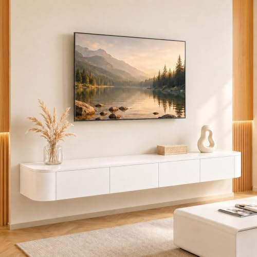 Ribanedy Mobile TV Sospeso Moderna | Consolle Multimediale da Parete | Grande Mobile TV con Spazio di Archiviazione per Soggiorno e Ufficio (Bianco, 240cm)