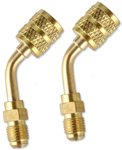 HuGuWdy Adaptador R410a Mini Split, 5/16 a 1/4 HVAC para aire acondicionado y conectores de manguera, herramientas HVAC para refrigerante R410a Mini Split Recarga y más (2 piezas de ángulo de 45°)