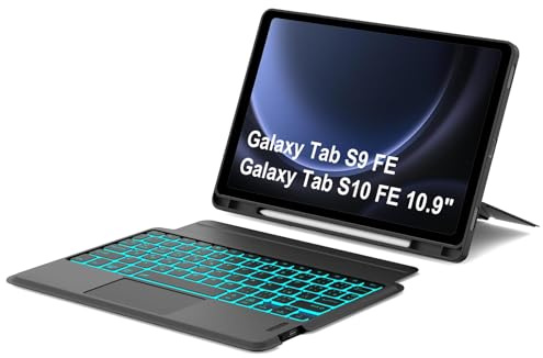 Funda Teclado Samsung Tab S9 FE/S10 FE con Touchpad, Funda Teclado 3 Canales Bluetooth Español Ñ Retroiluminado Magnéticamente Soporte Retrato/Paisaje para Samsung S9 FE/S10 FE 10.9/S9 11, Negro
