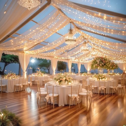 6 Panels Deep Champagne Ceiling Curtains with Lights for Weddings - 5ftx10ft Wrinkle-Free Tulle Fabric Wedding Arch Draping Ceiling Drapes Decorations for Wedding Party Ceremony Stage Tent Event