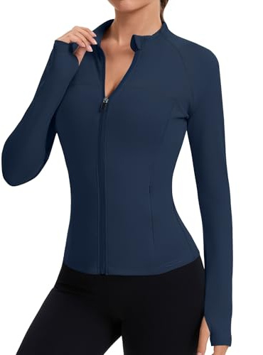 Tisfeer Chaquetas de entrenamiento con cremallera completa para mujer, camisetas deportivas de manga larga, para correr, ajustadas, atléticas, con agujeros para el pulgar, azul marino, M