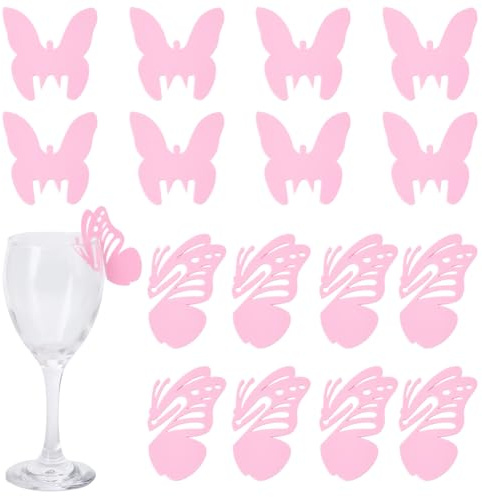 SUNNYCLUE 1 Box 24pcs Butterfly Glass Charms Cute Drink Tags Acrylic Pink Animals Butterfly Shape Wine Cup Cup Glass Identification Label Tags for Tasting Bachelorette Cocktail Champagne Party Favors