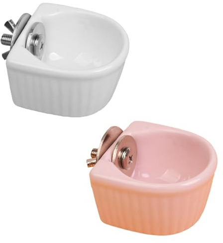 jojofuny 2 pièces Bol Céramique Suspendu pour Lapin et Petits Rongeurs Lot de Blanc et Rose Gamelles Pratiques Anti-Renversement pour Alimentation Animal de Compagnie