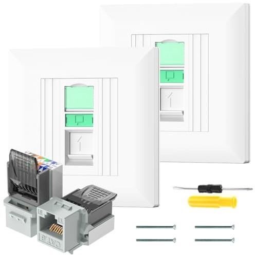 Acmerota 2 prises RJ45 CAT6A Gigabit Network Socket Ethernet RJ45 LAN Cable Faceplate Single Port Faceplate, avec module sans outil, résistance aux interférences, bande passante élevée