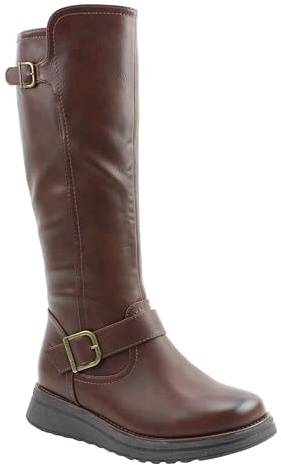 Heavenly Feet Rubymae2 Wide Calf Knee High Boots, Vegan Friendly Ladies Tall Boots with Adjustable Buckles, Memory Foam Insole & Stretch Panels, Curvy Fit Long Boots for Women, Chocolate Size 7