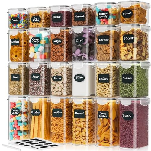 Bamu 24 Pack Airtight Kitchen Food Containers, Plastic Cereal Storage Containers, BPA Free, Kitchen Storage Containers for for Flour, Sugar & Baking Supplies, with 24 Labels & Marker