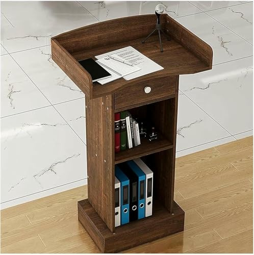 AFLEPCBRQ Portable Lectern with Spacious Storage Drawer - Modern Podium Stand for Teachers & Reception Desks - Brown Standing Lectern with 2 Storage Compartments