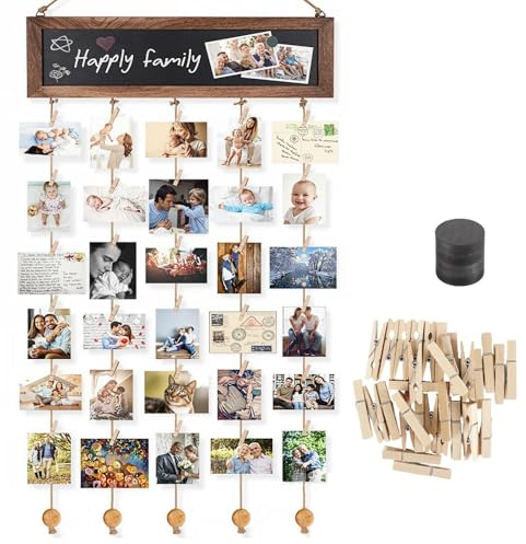 Dwitkul Tablero Colgar Fotos Pared con 30 Pinzas Madera Portafotos Multiple Collage para Decoracion Hogar Cumpleanos Boda Navidad y Exposicion
