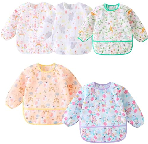 MistQin Long Sleeve Baby Bibs,5 Pcs,Waterproof Bibs with Sleeves,Lightweight Wearable Smock Bib 3-30 Months (5 Pcs Set B)