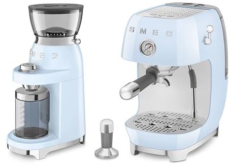 Smeg 50's Style Electric Coffee Grinder and 50’s Style Espresso Coffee Machine with Cold Brew Function Pastel Blue CGF03PBUK / ECF03PBUK