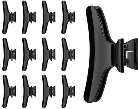 DAQUN 12 Pcs Hairdresser Clips, Black Plastic Sectioning Hair Clamps, Butterfly Hair Clips for Salon Styling and Home Grooming