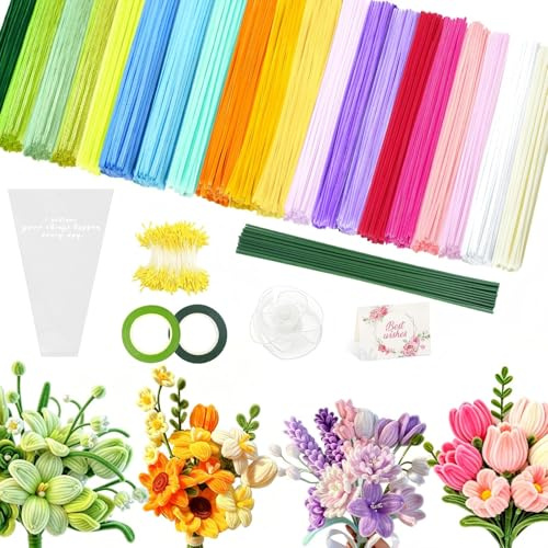 MOTONG 500 Stück Pfeifenreiniger Blumen Set, 20 Farben Pfeifenputzer zum Basteln mit Blumendraht Grün, Pipe Cleaner mit Staubgefäße, Geschenkband, Geeignet als Geschenk zum Muttertags Valentinstag